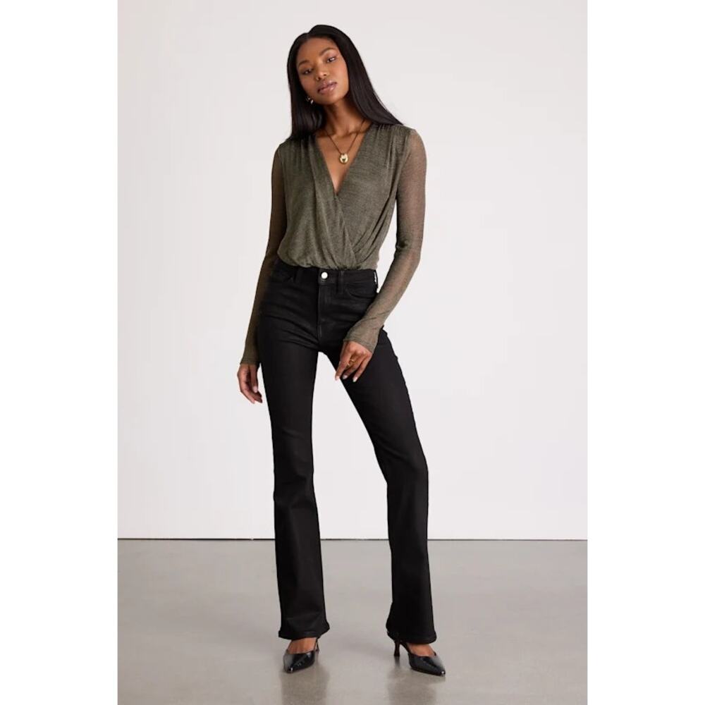 NWT Lulus Kenni Dark Bronze Lurex Sheer Surplice Bodysuit L - Picture 3 of 4